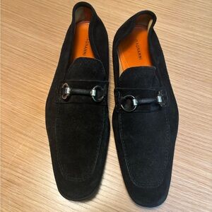 Magnanni Black Suede Bit Loafers with Silver Hardware